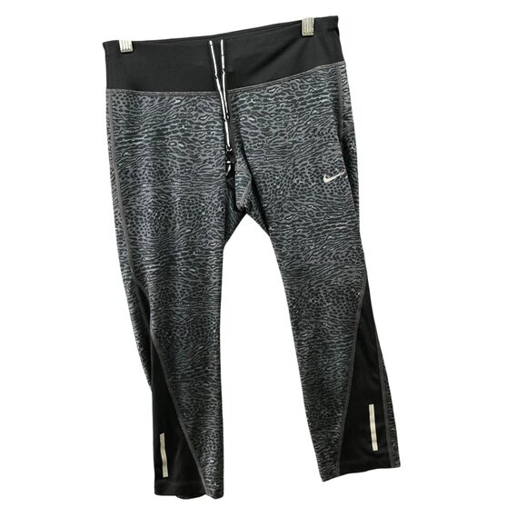 Nike Cropped Capri Leggings Womens S Gray Black Leopard Print Dri-Fit Running - Picture 1 of 11